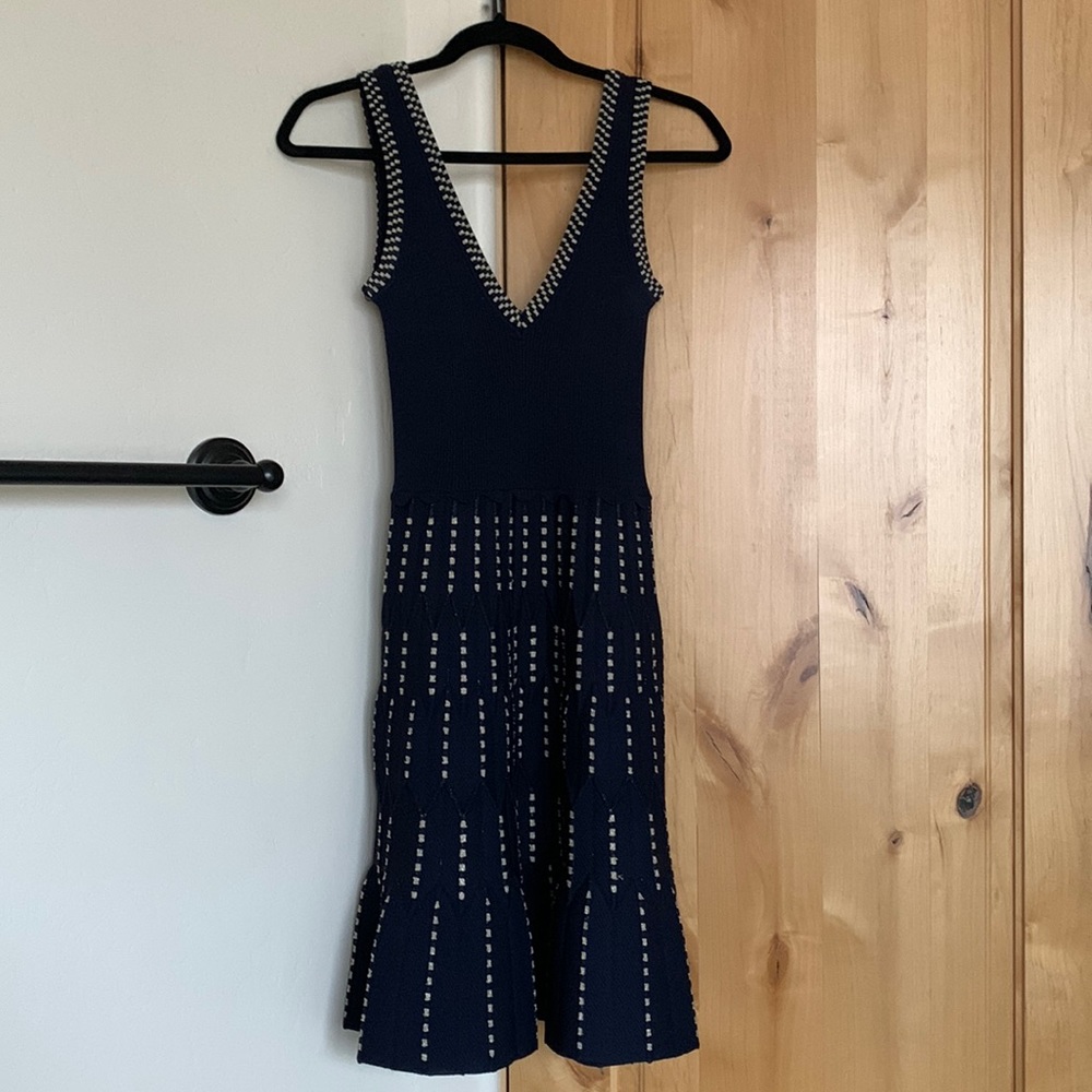 Sandro Navy & Gold Stretchy Bandage v-neck  A-Line Dress Small